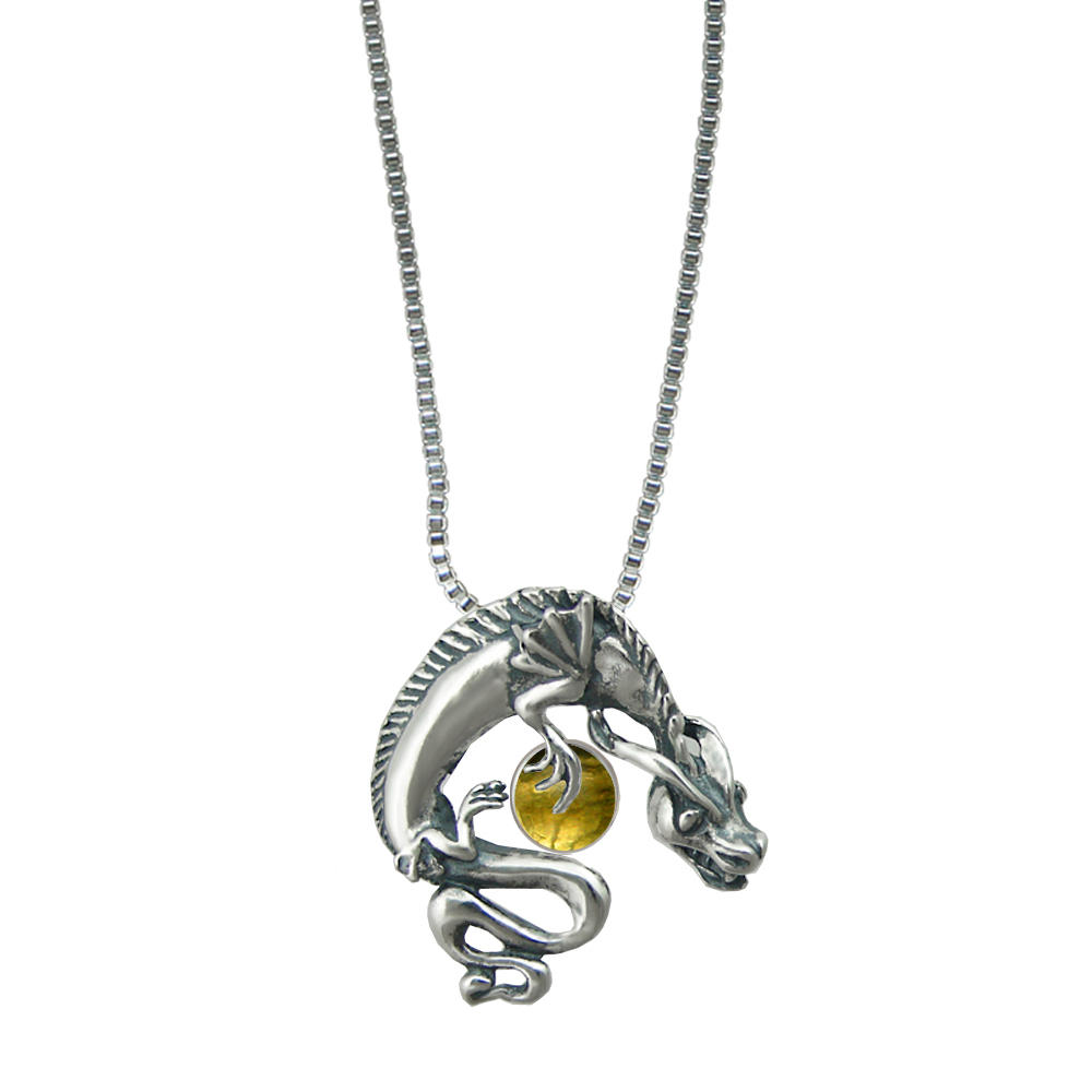 Sterling Silver Playful Dragon Pendant With Citrine